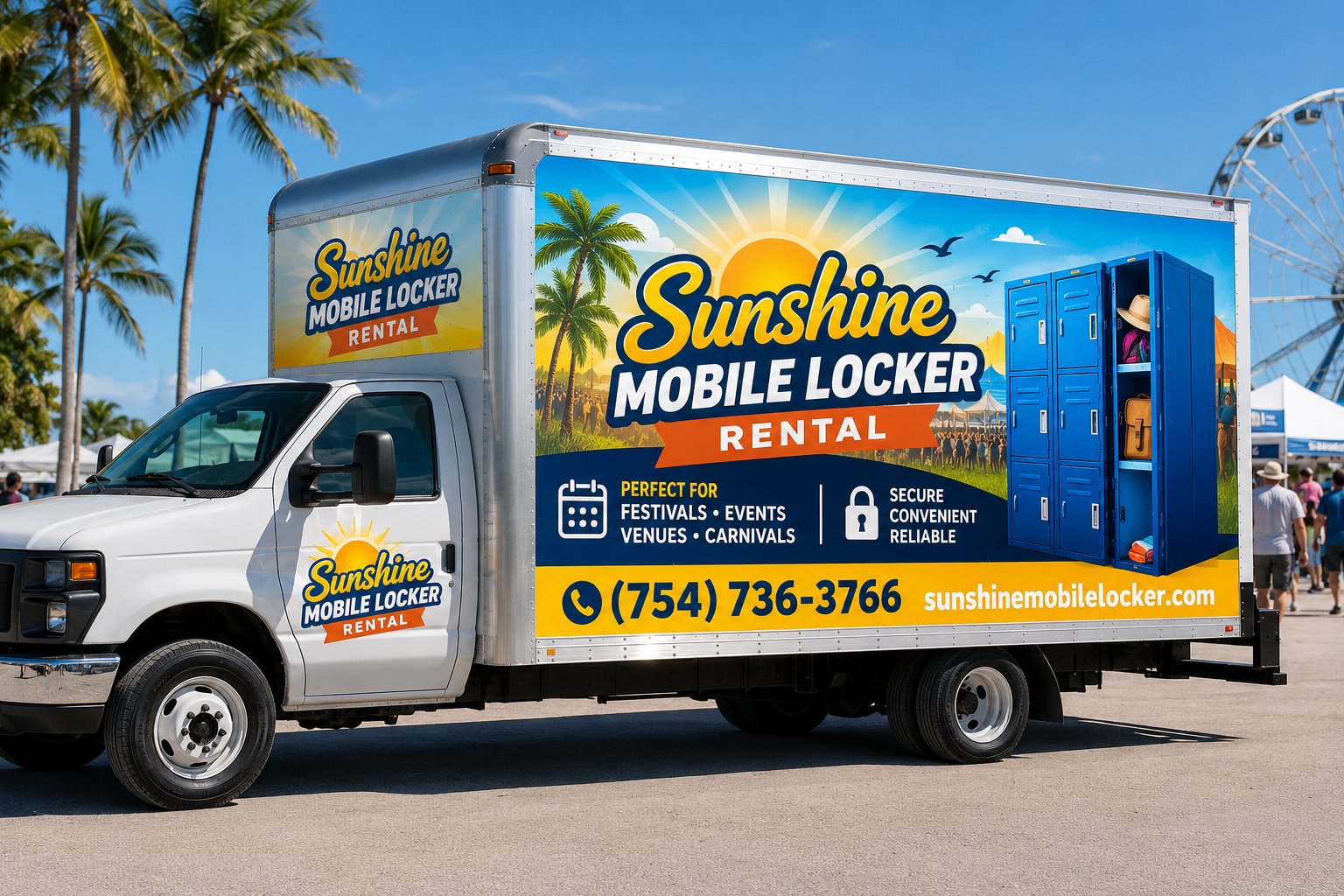 Sunshine Mobile Lockers rental truck at an event